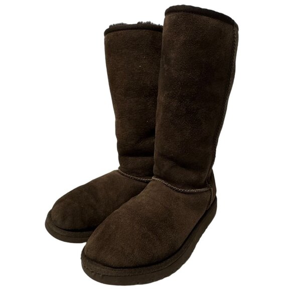 UGG Classic Tall Boot Youth 4 Dark Brown Suede Sheepskin Shearling Lined PullOn - Picture 11 of 16
